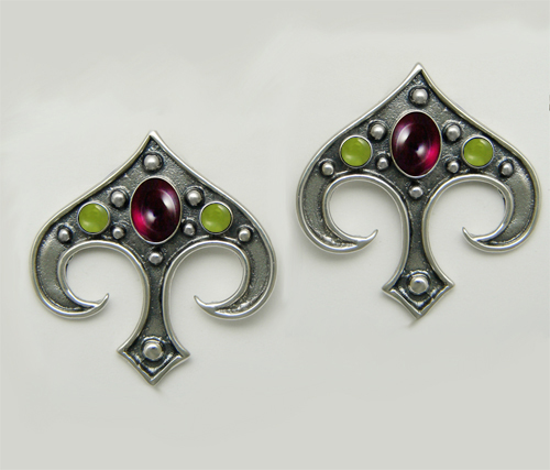 Sterling Silver Gothic Inspired Drop Dangle Earrings With Garnet And Peridot